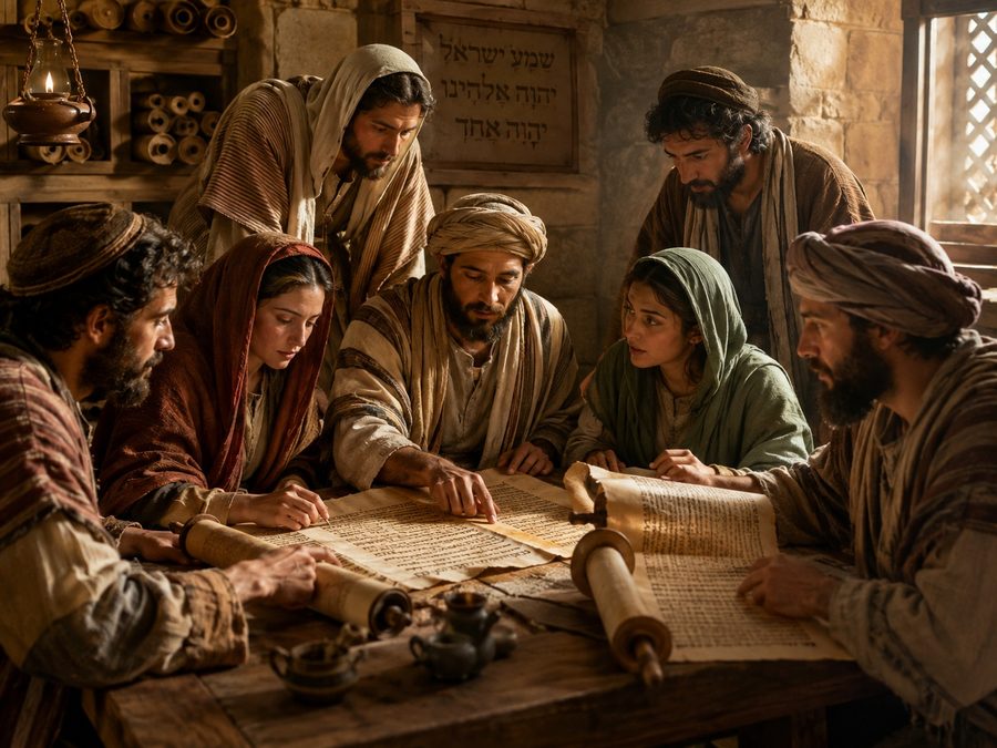The Beroeans examining the Scriptures together over open scrolls